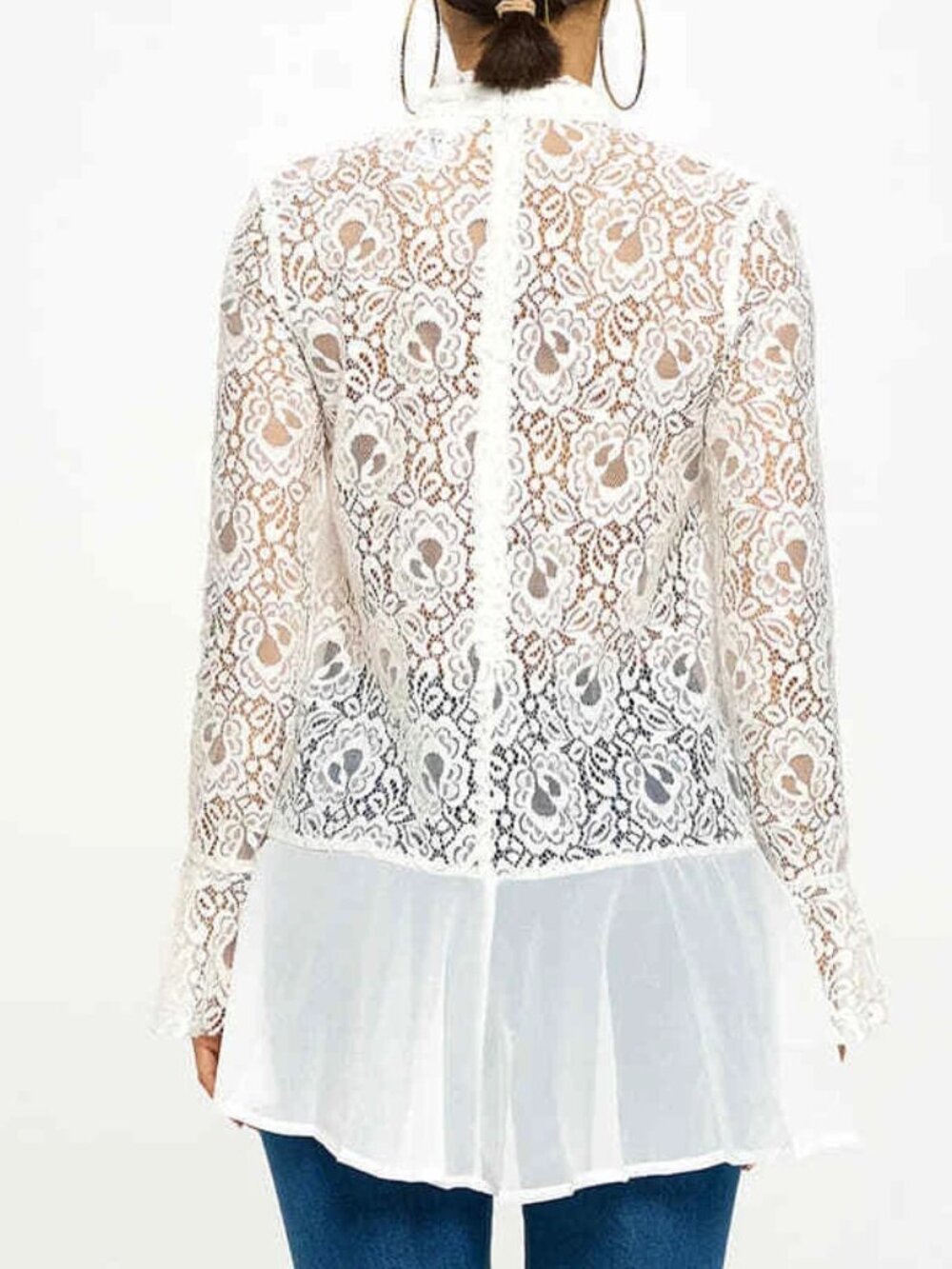 Oh Yes Flowy Lace Trim High Neck Keyhole Tunic Top Long Sleeve White New - Picture 2 of 14